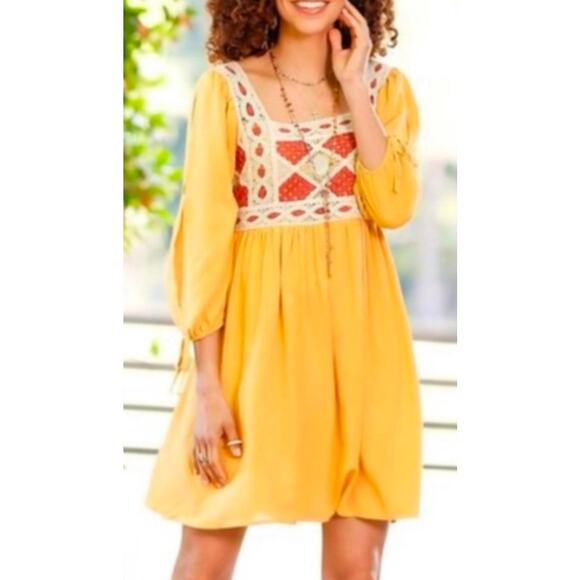 Peasant style slashed sleeves empire-waisted mustard dress w/crochet detailing S - Picture 1 of 13